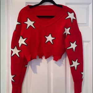 preppy red and white star cropped sweater with distressed hem